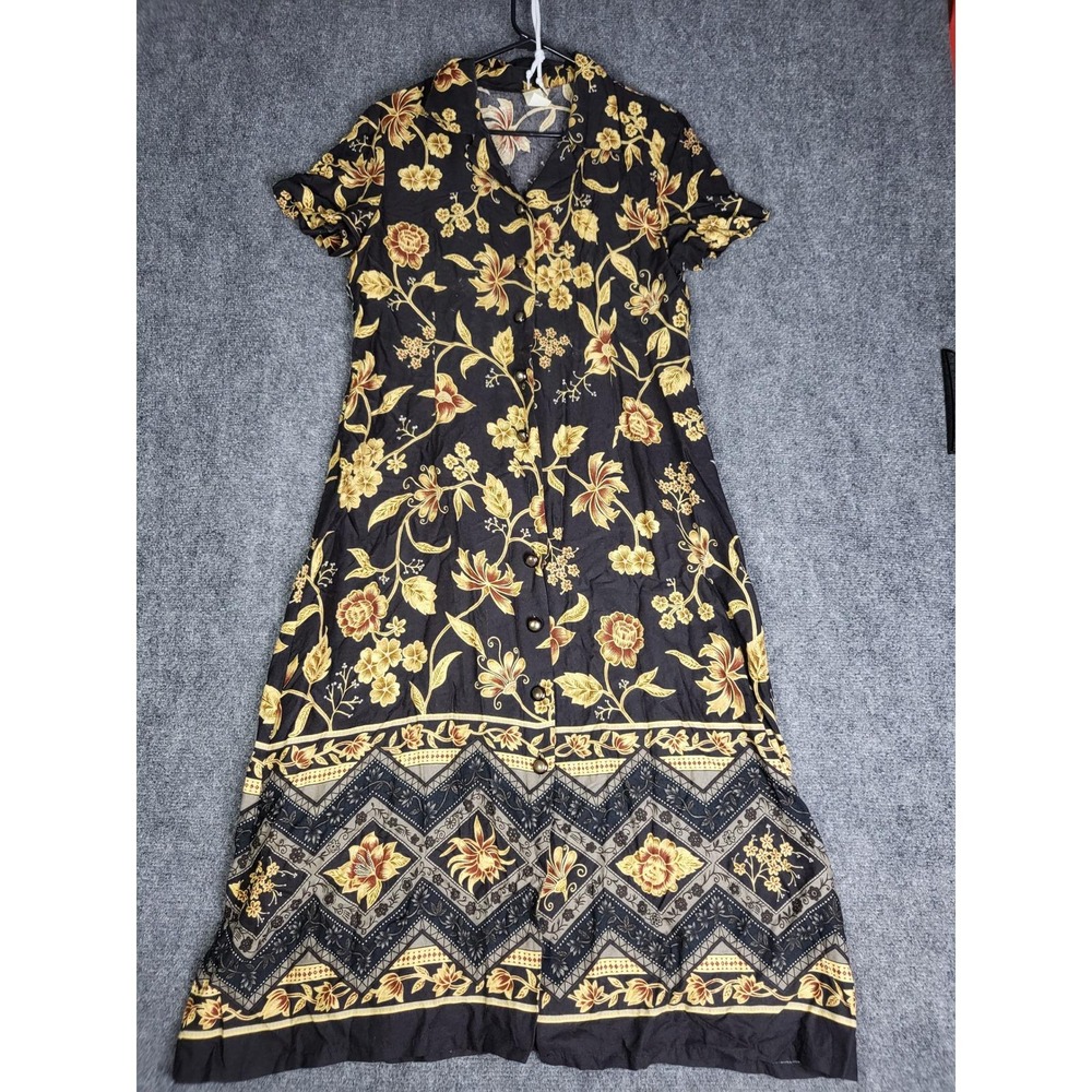Vintage Floral Midi Dress Button Front Cottagecore Casual Black Gold Women Sz 14